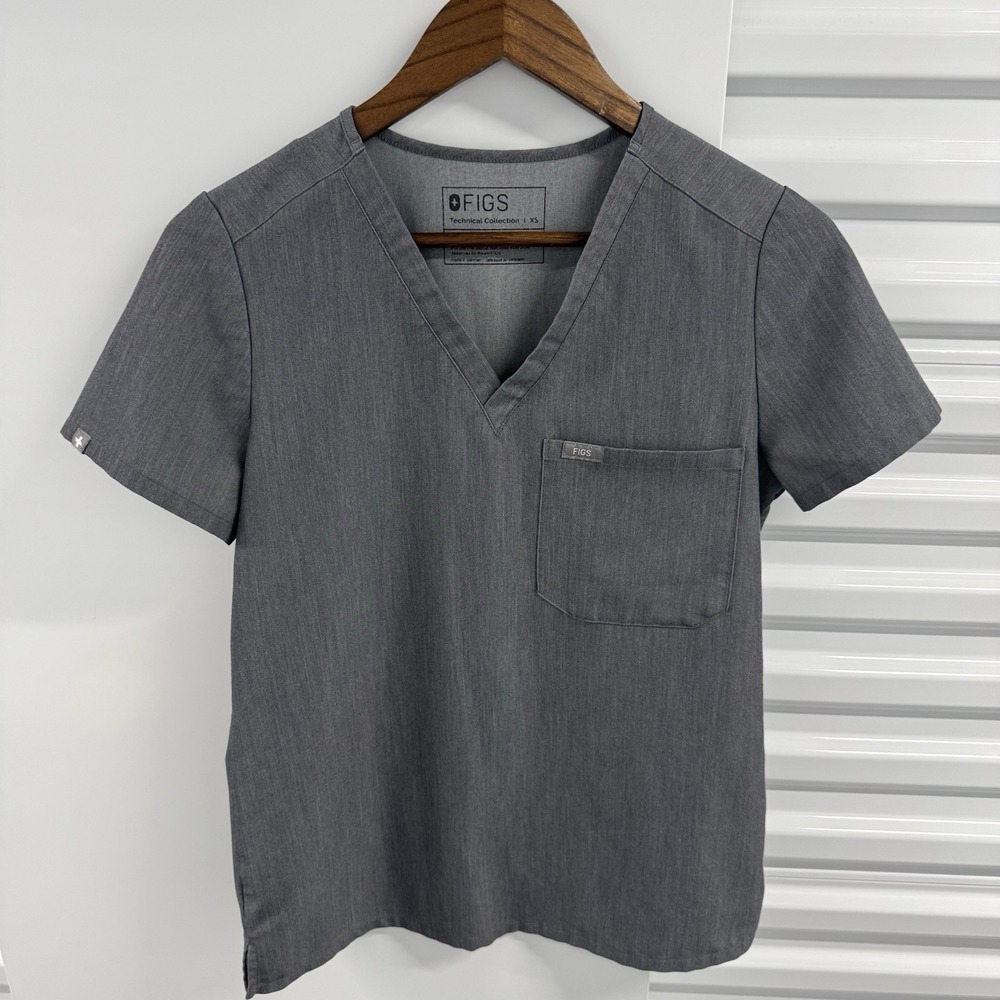 FIGS Technical Collection Scrub Top Womens XS Gray V Neck Medical Nurse Pocket